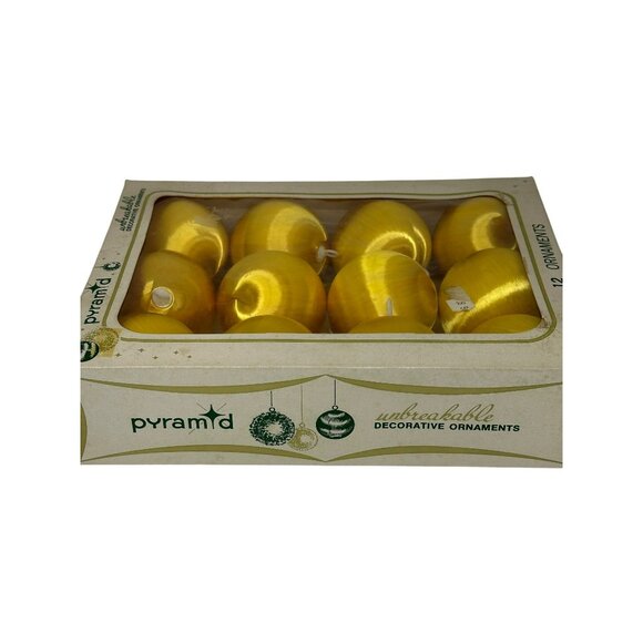 Vintage Pyramid Unbreakable Gold Ball Christmas Ornaments Satin Sheen 12 PCS Box - Picture 7 of 8